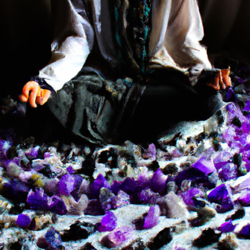 Person meditating surrounded by amethyst